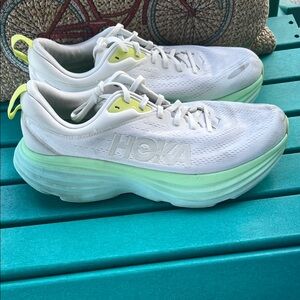 Women's Hoka Bondi 8 White Athletic Running Shoes with Neon Yellow Accents